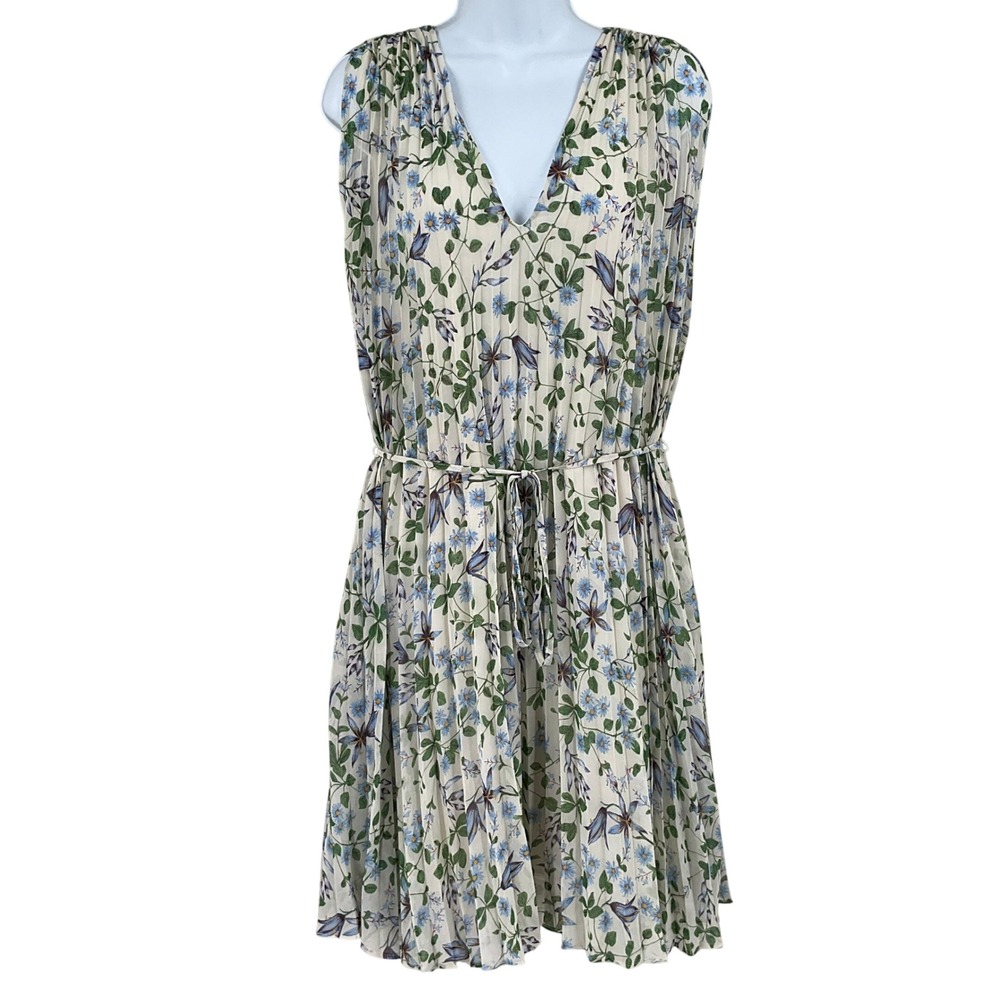 Max Studio Floral Pleated Dress Women M Cream Blue V-Neck Boho Cottagecore Airy